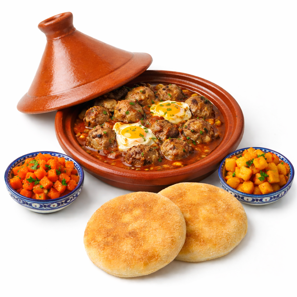 Tagine with meatballs and eggs